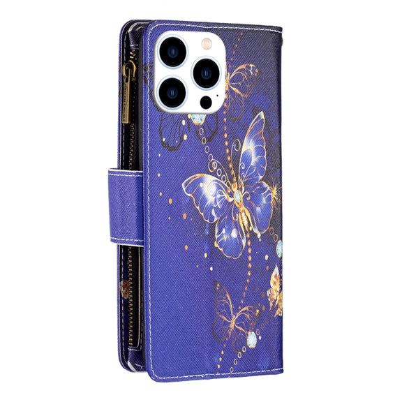 For iPhone 16 Pro Colored Drawing Pattern Zipper Phone Leather Case(Purple Butterfly)