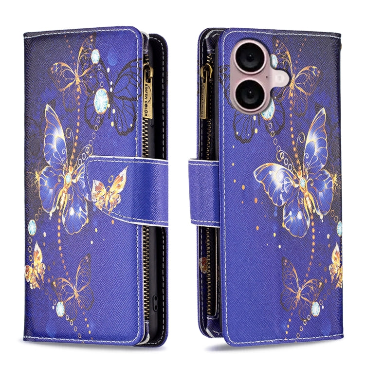 For iPhone 16 Colored Drawing Pattern Zipper Phone Leather Case(Purple Butterfly)