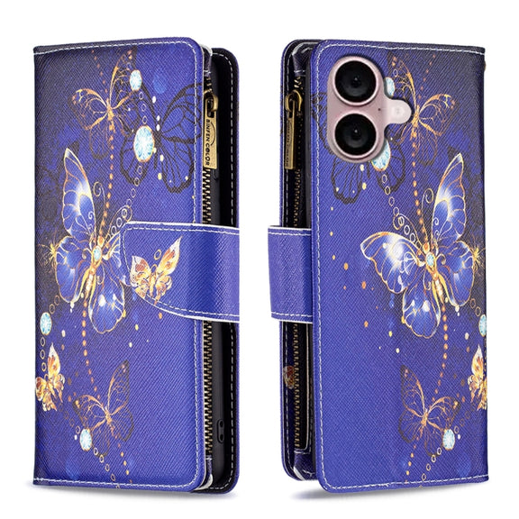 For iPhone 16 Colored Drawing Pattern Zipper Phone Leather Case(Purple Butterfly)