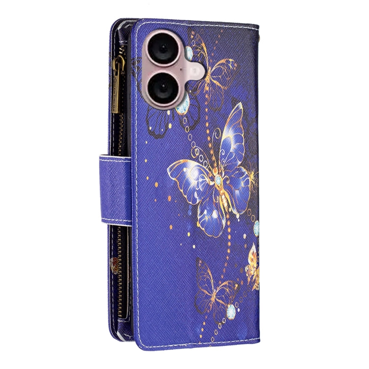 For iPhone 16 Plus Colored Drawing Pattern Zipper Phone Leather Case(Purple Butterfly)