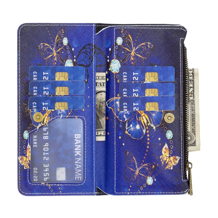 For iPhone 16 Plus Colored Drawing Pattern Zipper Phone Leather Case(Purple Butterfly)