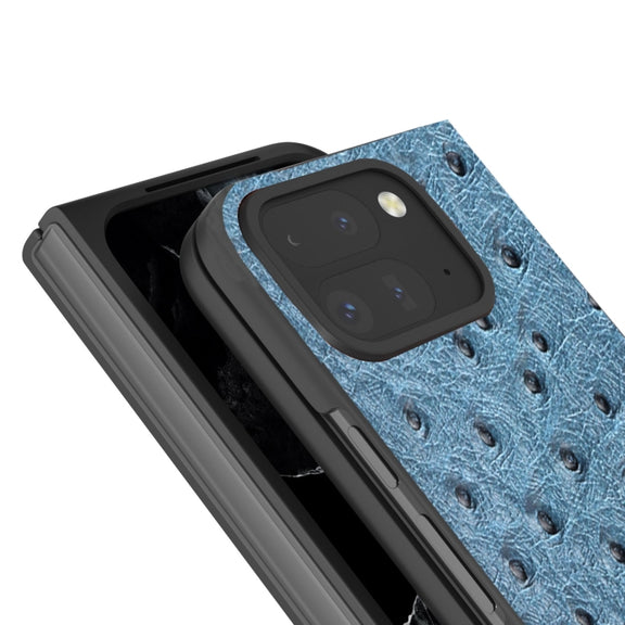For Google Pixel 9 Pro Fold ABEEL Genuine Leather Ostrich Texture Phone Case(Blue)