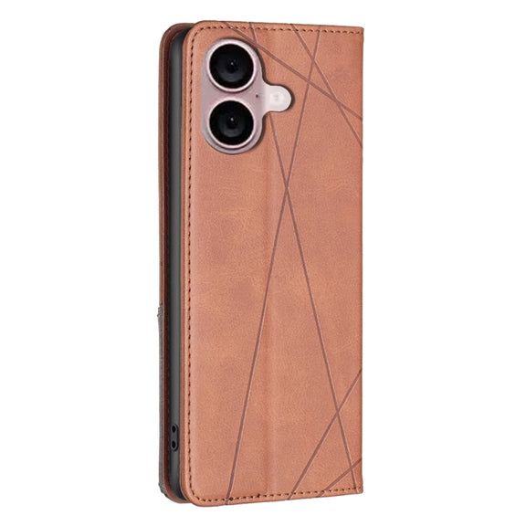 For iPhone 16 Plus Rhombus Texture Magnetic Leather Phone Case(Brown)