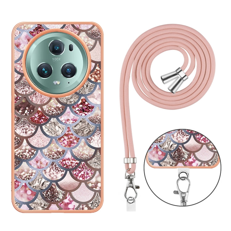 For Honor Magic5 Pro Electroplating IMD TPU Phone Case with Lanyard(Pink Scales)