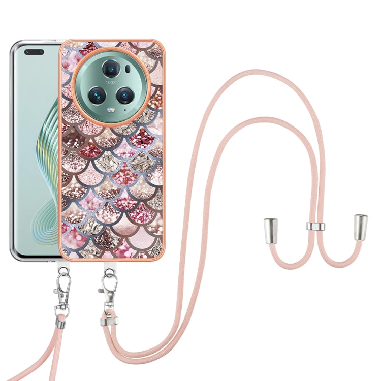 For Honor Magic5 Pro Electroplating IMD TPU Phone Case with Lanyard(Pink Scales)