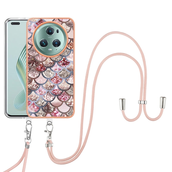 For Honor Magic5 Pro Electroplating IMD TPU Phone Case with Lanyard(Pink Scales)