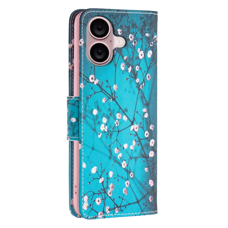 For iPhone 16 Colored Drawing Pattern Leather Phone Case(Plum Blossom)