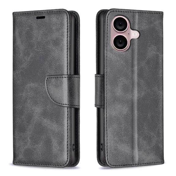For iPhone 16 Lambskin Texture Pure Color Flip Leather Phone Case(Black)