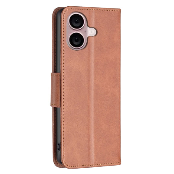 For iPhone 16 Lambskin Texture Pure Color Flip Leather Phone Case(Brown)