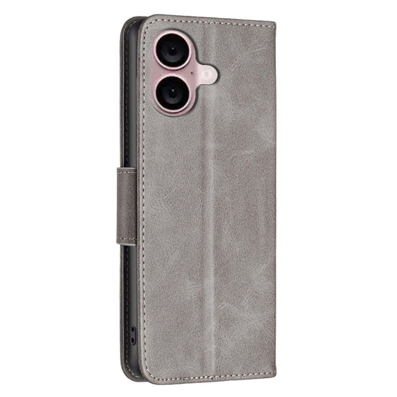 For iPhone 16 Plus Lambskin Texture Pure Color Flip Leather Phone Case(Grey)
