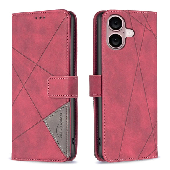 For iPhone 16 Magnetic Buckle Rhombus Texture Leather Phone Case(Red)