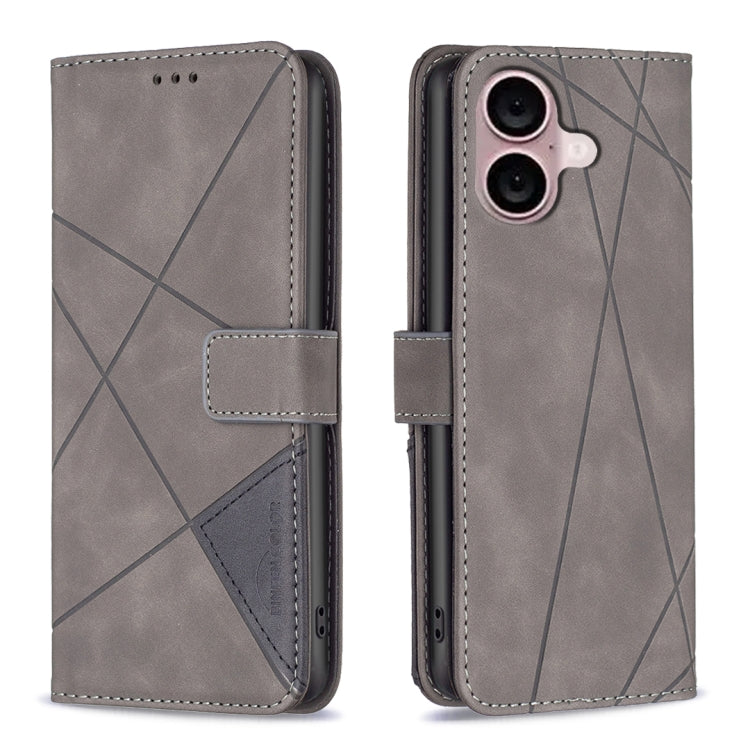 For iPhone 16 Plus Magnetic Buckle Rhombus Texture Leather Phone Case(Grey)