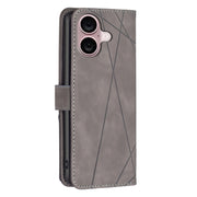 For iPhone 16 Plus Magnetic Buckle Rhombus Texture Leather Phone Case(Grey)
