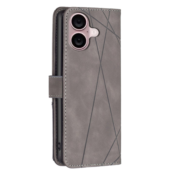 For iPhone 16 Plus Magnetic Buckle Rhombus Texture Leather Phone Case(Grey)