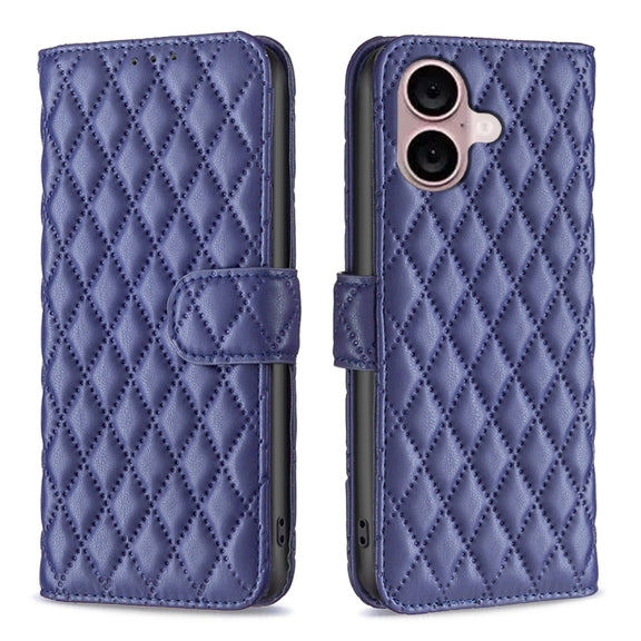For iPhone 16 Diamond Lattice Wallet Flip Leather Phone Case(Blue)
