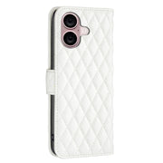 For iPhone 16 Diamond Lattice Wallet Flip Leather Phone Case(White)