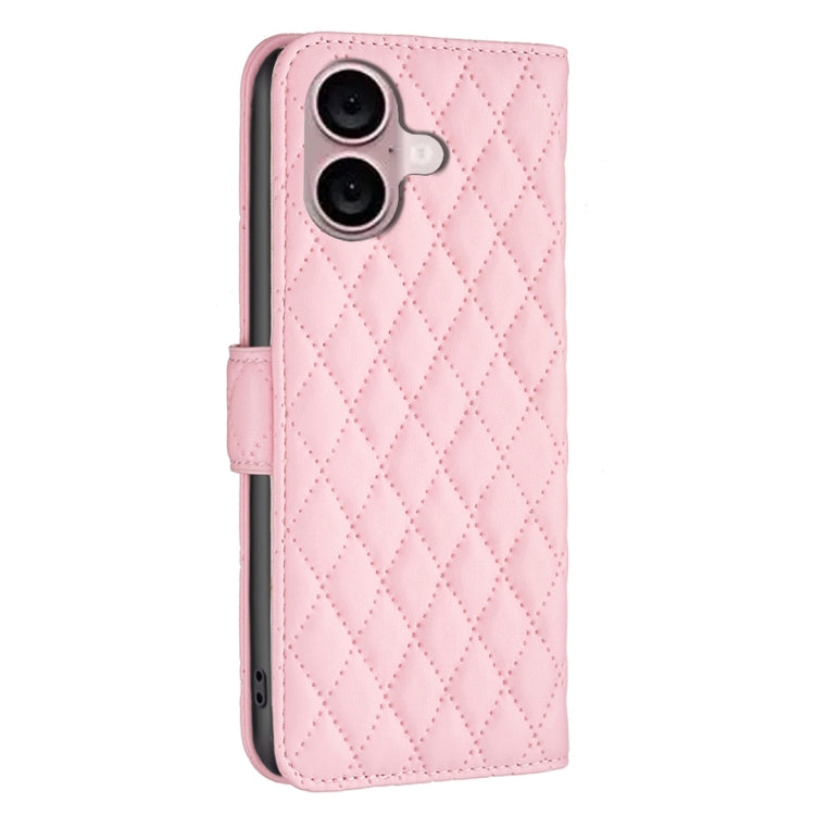 For iPhone 16 Diamond Lattice Wallet Flip Leather Phone Case(Pink)