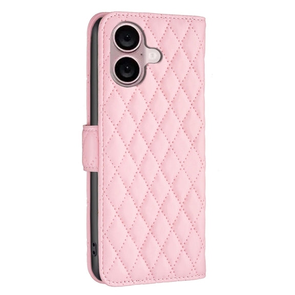 For iPhone 16 Diamond Lattice Wallet Flip Leather Phone Case(Pink)
