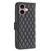 For iPhone 16 Diamond Lattice Wallet Flip Leather Phone Case(Black)