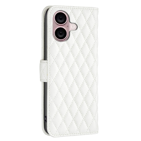 For iPhone 16 Plus Diamond Lattice Wallet Flip Leather Phone Case(White)