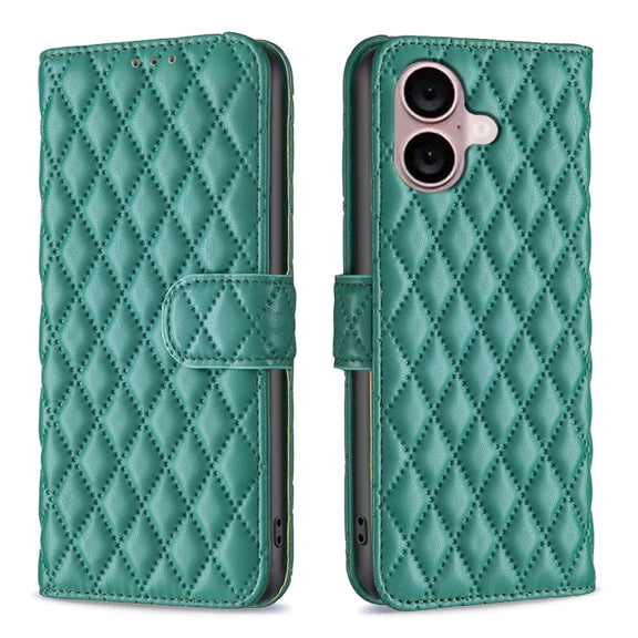 For iPhone 16 Plus Diamond Lattice Wallet Flip Leather Phone Case(Green)