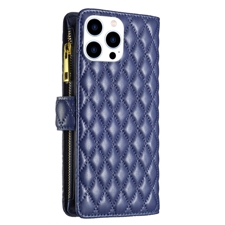 For iPhone 16 Pro Max Diamond Lattice Zipper Wallet Leather Flip Phone Case(Blue)