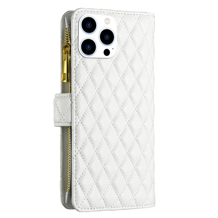For iPhone 16 Pro Max Diamond Lattice Zipper Wallet Leather Flip Phone Case(White)