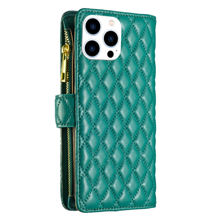 For iPhone 16 Pro Max Diamond Lattice Zipper Wallet Leather Flip Phone Case(Green)