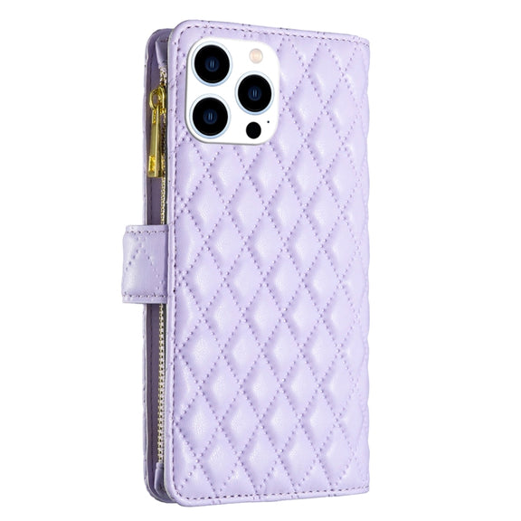For iPhone 16 Pro Max Diamond Lattice Zipper Wallet Leather Flip Phone Case(Purple)