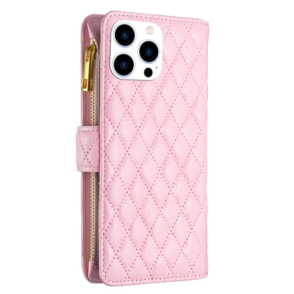 For iPhone 16 Pro Diamond Lattice Zipper Wallet Leather Flip Phone Case(Pink)