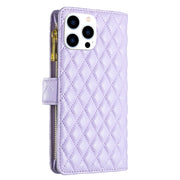 For iPhone 16 Pro Diamond Lattice Zipper Wallet Leather Flip Phone Case(Purple)