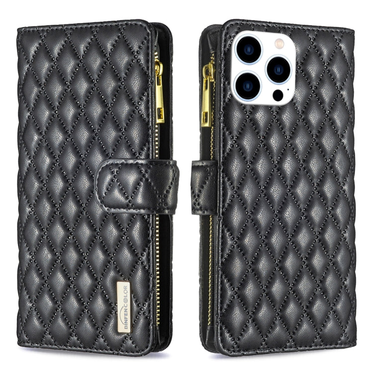 For iPhone 16 Pro Diamond Lattice Zipper Wallet Leather Flip Phone Case(Black)
