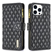 For iPhone 16 Pro Diamond Lattice Zipper Wallet Leather Flip Phone Case(Black)