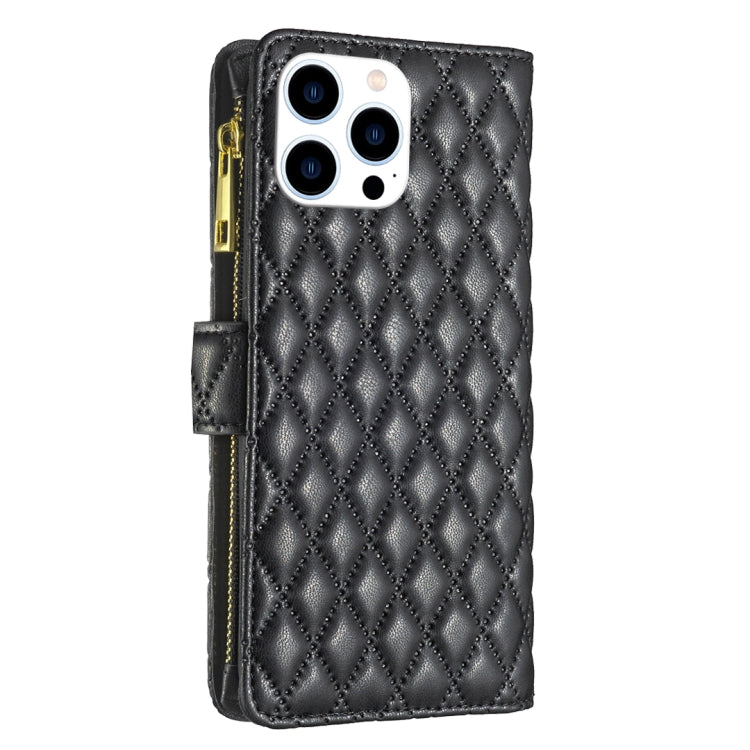 For iPhone 16 Pro Diamond Lattice Zipper Wallet Leather Flip Phone Case(Black)