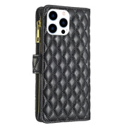 For iPhone 16 Pro Diamond Lattice Zipper Wallet Leather Flip Phone Case(Black)