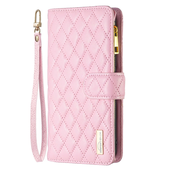 For iPhone 16 Diamond Lattice Zipper Wallet Leather Flip Phone Case(Pink)