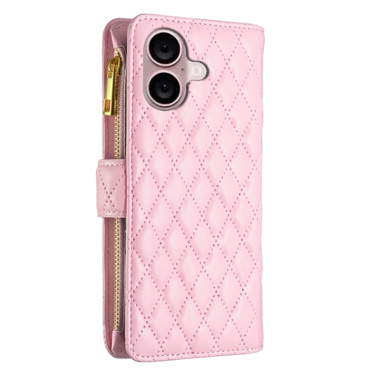 For iPhone 16 Diamond Lattice Zipper Wallet Leather Flip Phone Case(Pink)