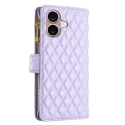 For iPhone 16 Diamond Lattice Zipper Wallet Leather Flip Phone Case(Purple)
