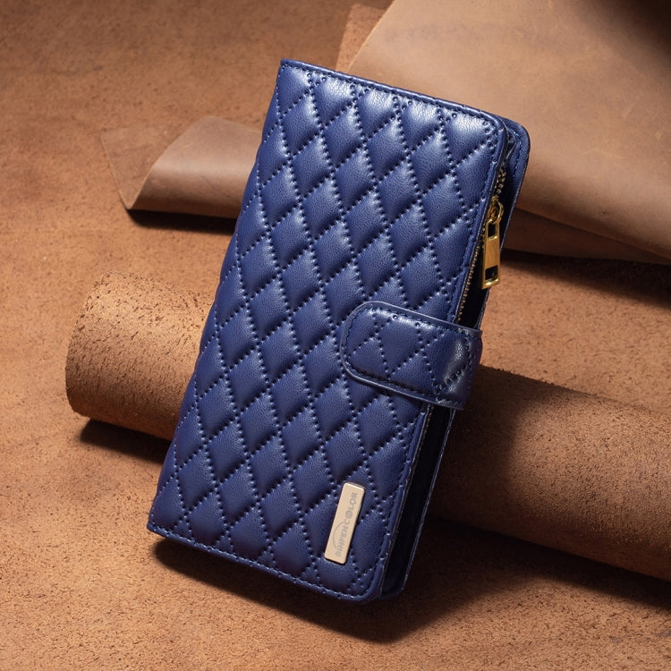 For iPhone 16 Plus Diamond Lattice Zipper Wallet Leather Flip Phone Case(Blue)