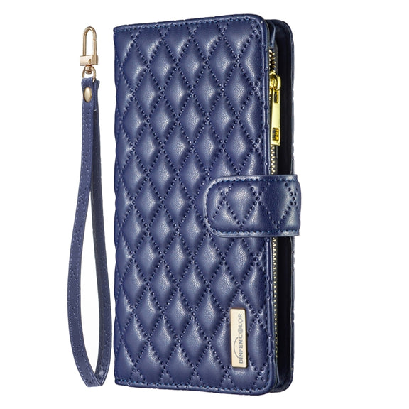 For iPhone 16 Plus Diamond Lattice Zipper Wallet Leather Flip Phone Case(Blue)