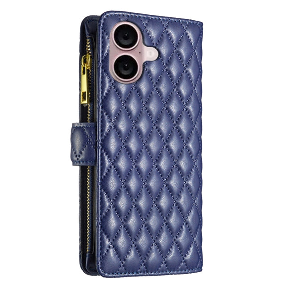 For iPhone 16 Plus Diamond Lattice Zipper Wallet Leather Flip Phone Case(Blue)