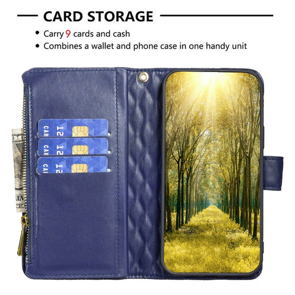 For iPhone 16 Plus Diamond Lattice Zipper Wallet Leather Flip Phone Case(Blue)