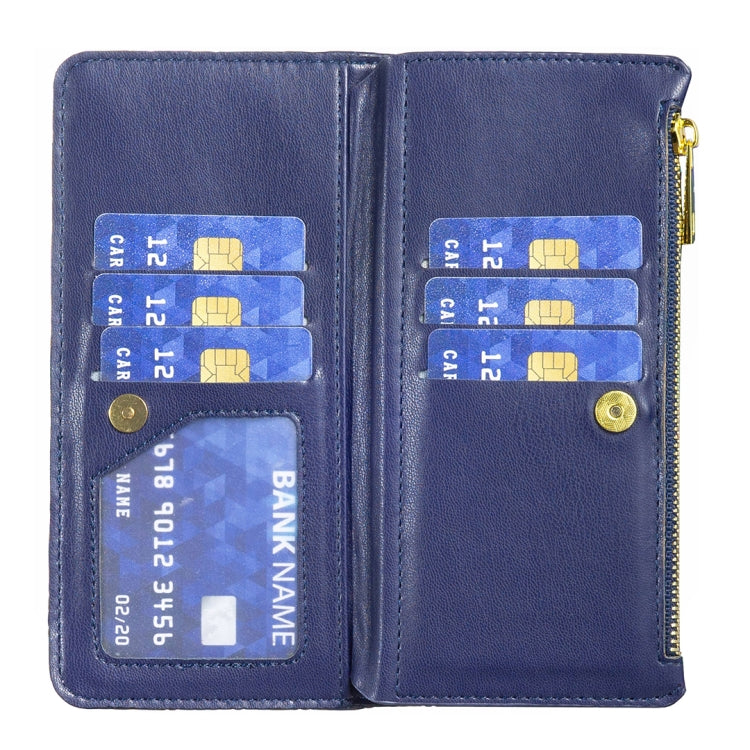 For iPhone 16 Plus Diamond Lattice Zipper Wallet Leather Flip Phone Case(Blue)