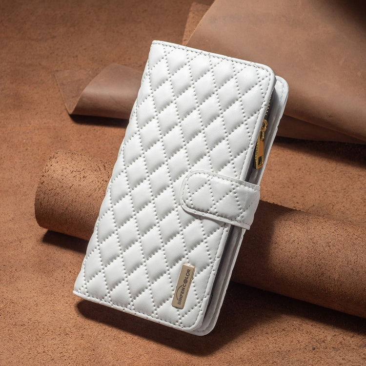 For iPhone 16 Plus Diamond Lattice Zipper Wallet Leather Flip Phone Case(White)