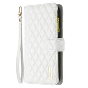 For iPhone 16 Plus Diamond Lattice Zipper Wallet Leather Flip Phone Case(White)