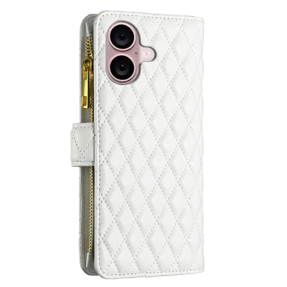 For iPhone 16 Plus Diamond Lattice Zipper Wallet Leather Flip Phone Case(White)