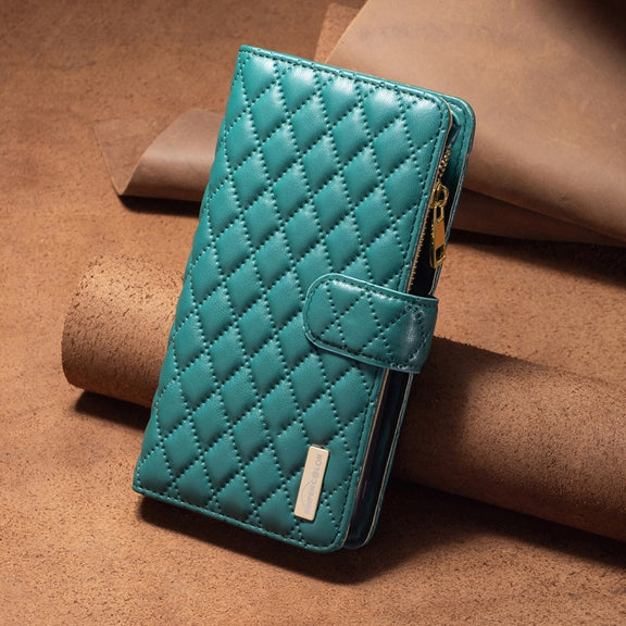 For iPhone 16 Plus Diamond Lattice Zipper Wallet Leather Flip Phone Case(Green)