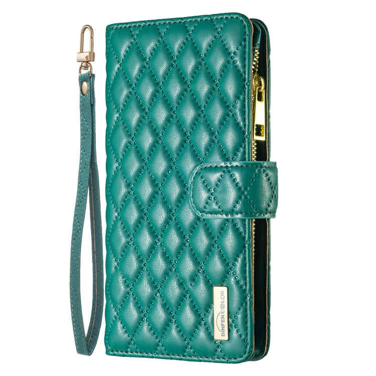 For iPhone 16 Plus Diamond Lattice Zipper Wallet Leather Flip Phone Case(Green)