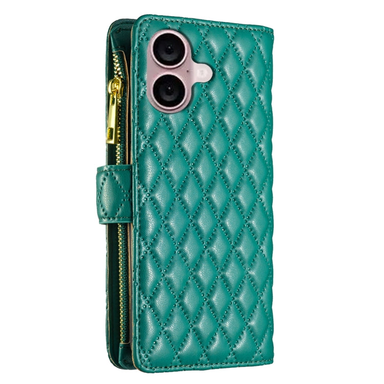 For iPhone 16 Plus Diamond Lattice Zipper Wallet Leather Flip Phone Case(Green)