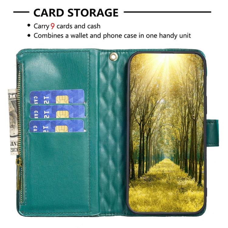 For iPhone 16 Plus Diamond Lattice Zipper Wallet Leather Flip Phone Case(Green)